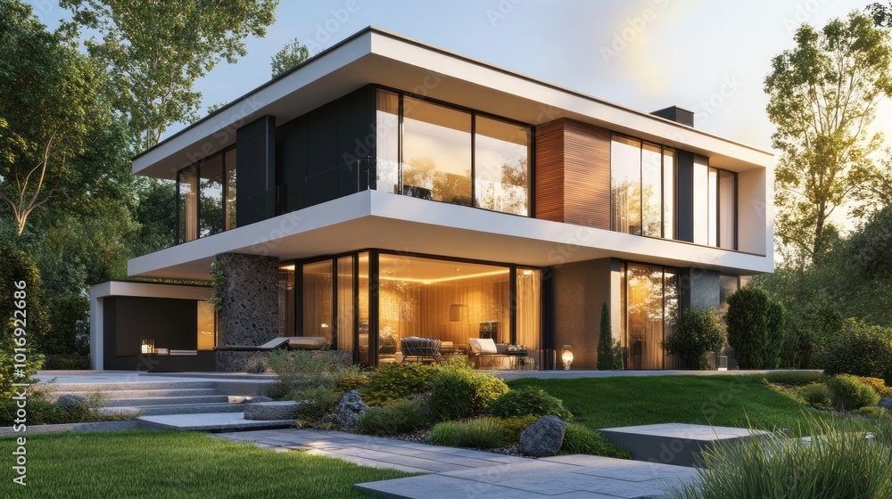 Modern house with large windows and landscaped garden, showcasing contemporary architecture. Modern house with large windows and landscaped garden, showcasing contemporary architecture.