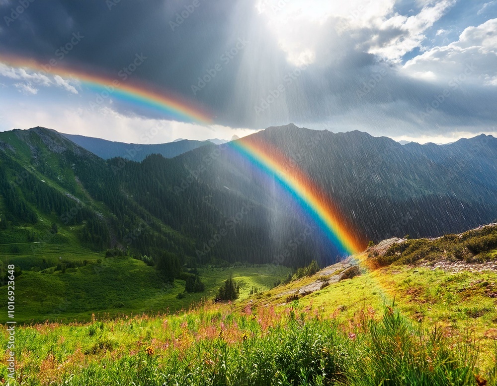 Mountain landscape in the rain with sunbeam and rainbow Mountain landscape in the rain with sunbeam and rainbow