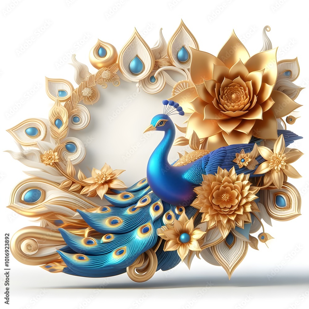 Obraz premium Flowers and a peacock surround a peacock golden with colored roses 