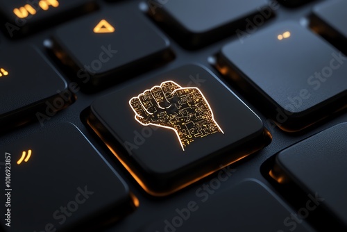 Minimalist icon of a keyboard with a raised fist, representing the power of digital protest through hacktivism photo