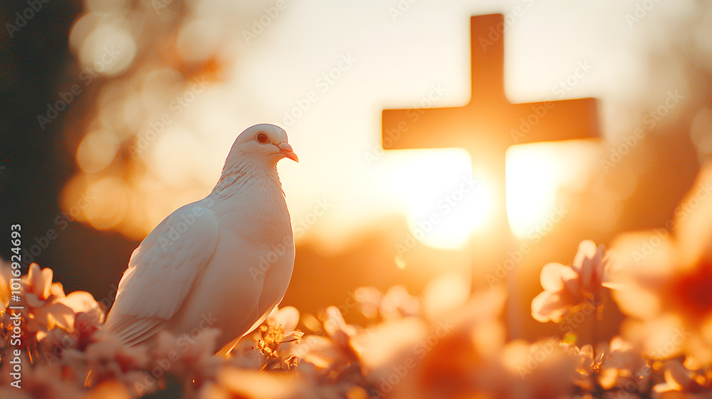 White Dove Standing Next to a Glowing Cross at Sunset | Symbol of Peace and Faith in a Serene Spiritual Landscape White Dove Standing Next to a Glowing Cross at Sunset | Symbol of Peace and Faith in a Serene Spiritual Landscape