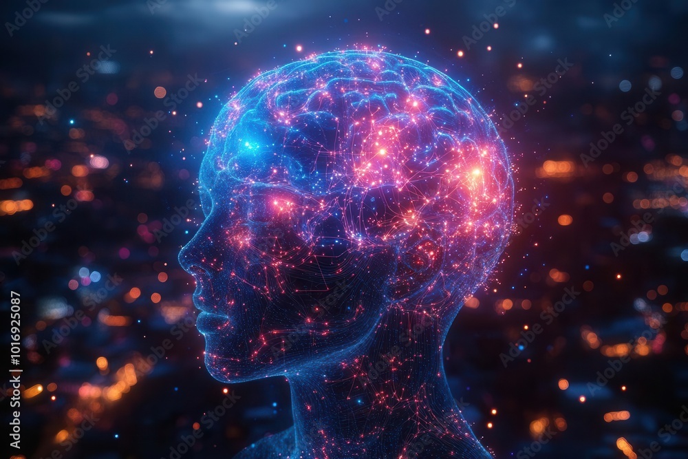 futuristic neural network projected onto a translucent human brain glowing with vibrant blue and purple hues against a dark background intricate circuitry patterns futuristic neural network projected onto a translucent human brain glowing with vibrant blue and purple hues against a dark background intricate circuitry patterns