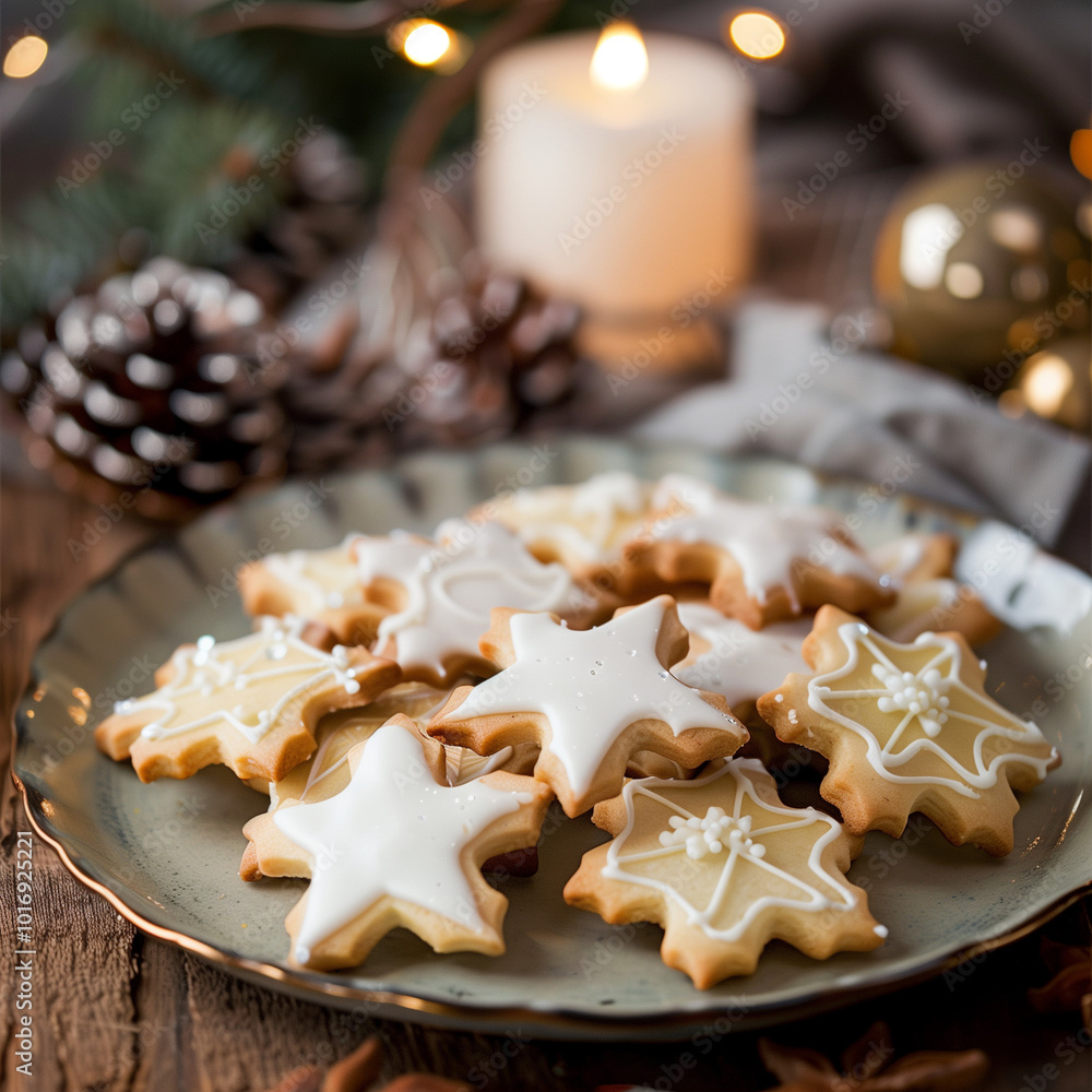 A plate of freshly baked Christmas sugar cookies with icing A plate of freshly baked Christmas sugar cookies with icing