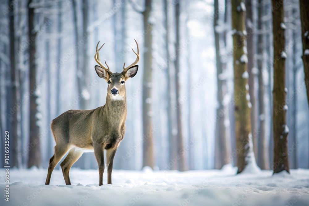 Minimalist illustration of deer in snowy forest with mountains Minimalist illustration of deer in snowy forest with mountains