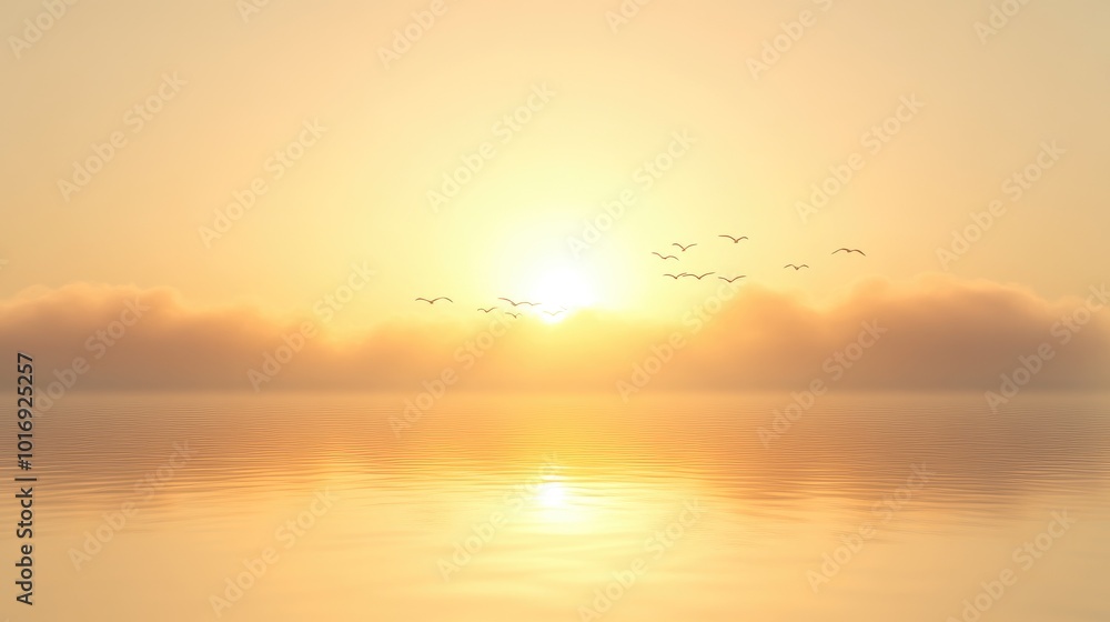 Serene Sunrise Over Calm Water with Silhouetted Birds