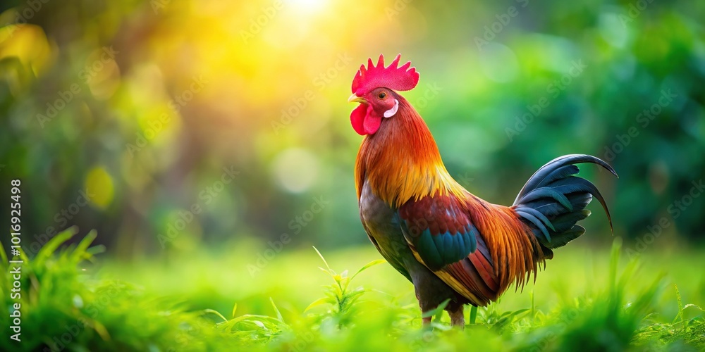 Fototapeta premium Medium shot rooster on green natural background, golden rooster, grass