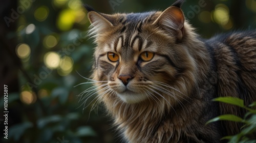A tabby cat with amber eyes stares intently at the camera with a lush green background.