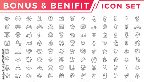 Bonus, benefit, reward and offer stroke outline icons set