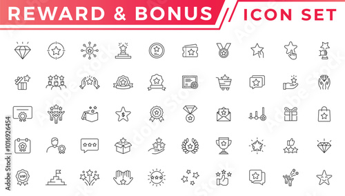 Bonus, benefit, reward and offer stroke outline icons set