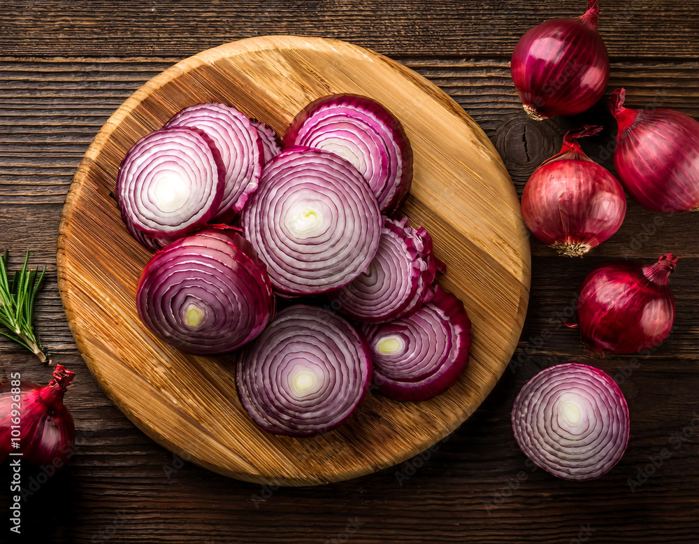 red onion on a wooden cutting board, isolated against a wooden background red onion on a wooden cutting board, isolated against a wooden background