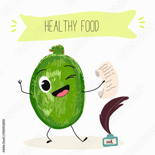Cute  feijoa characters, funny fruits, different activities. Flat vector illustration. Organic food, healthy food, illustrations for kids menu, invitations.