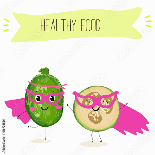 Cute  feijoa characters, funny fruits, different activities. Flat vector illustration. Organic food, healthy food, illustrations for kids menu, invitations.