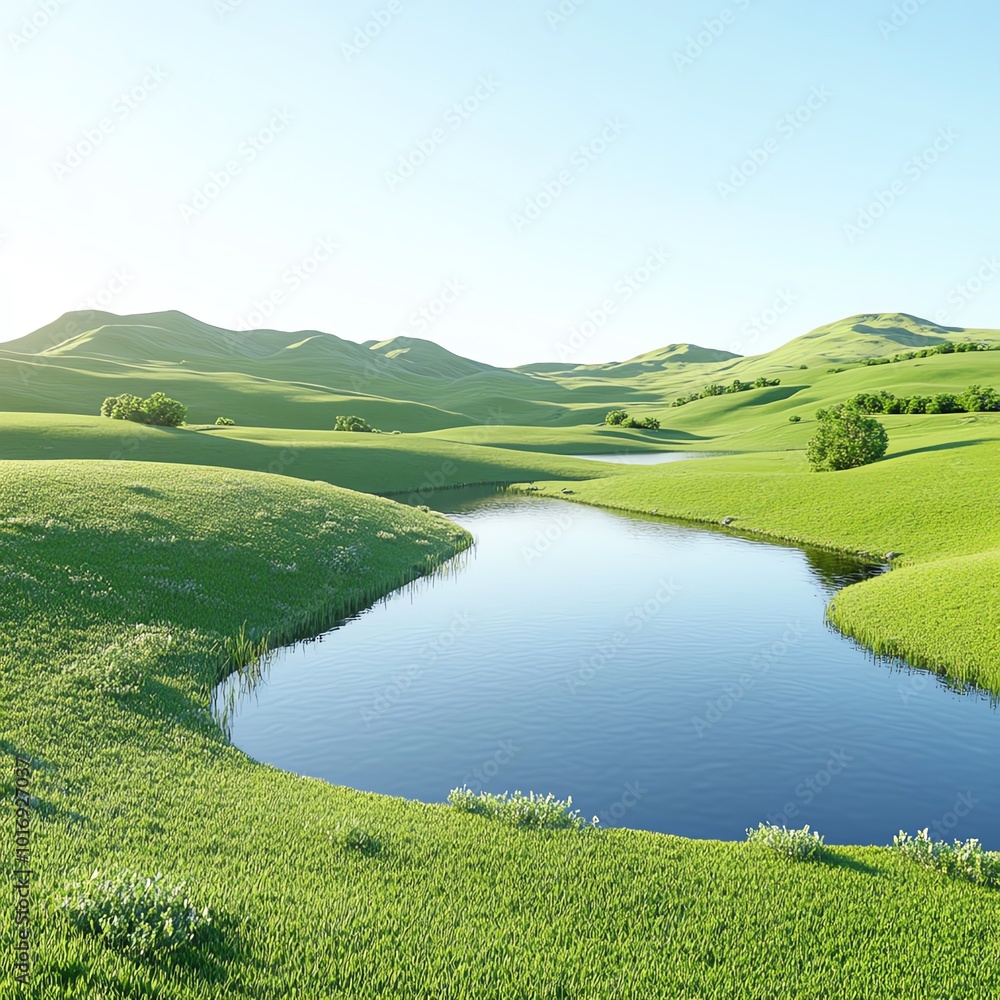 Fototapeta premium Serene mountain lake reflecting a clear sky, perfect balance of nature and calm, 3D illustration