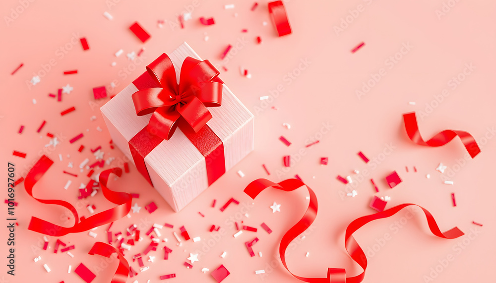 Gift box with red bow and confetti on coral background, top view. Space for text isolated with white highlights, png Gift box with red bow and confetti on coral background, top view. Space for text isolated with white highlights, png