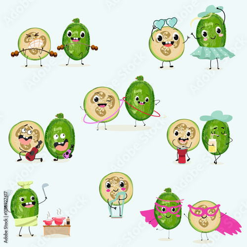 Cute  feijoa fruit characters set, collection. Flat vector illustration. Activities, playing musical instruments, sports, funny fruits.