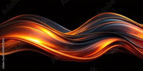 Abstract holographic black and orange fluid waves on dark background panoramic