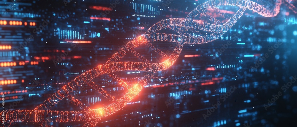 Obraz premium Glowing DNA Helix with Digital Data Background