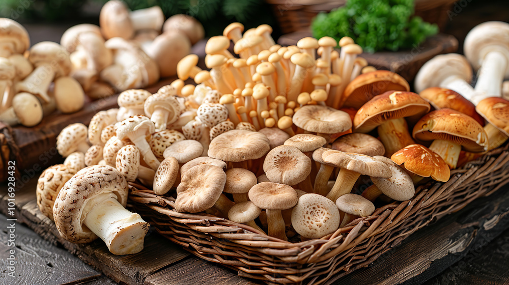 Variety of freshly picked mushrooms are overflowing from a rustic basket, showcasing their natural beauty Variety of freshly picked mushrooms are overflowing from a rustic basket, showcasing their natural beauty