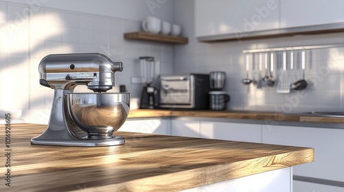 There are several appliances on a modern kitchen countertop, including a stand mixer, blender, and microwave.