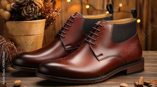 The boots have brown leather laces on dark leather surfaces. photo