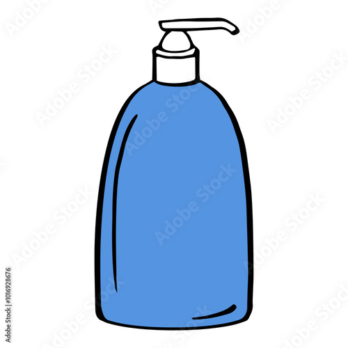 blue pump bottle with a pump dispenser on top, typically used for liquids like soap or lotion. illustration in flat style with outlines for cosmetics, beauty, , healthy body and care packaging design