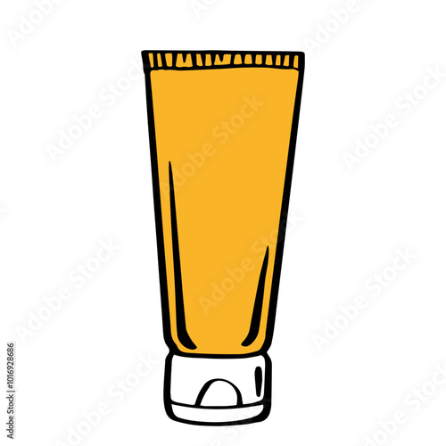 hand-drawn cartoon of a yellow tube of lotion or cream with a white cap, standing upright on a white background for cosmetics, beauty, , healthy body and care packaging design