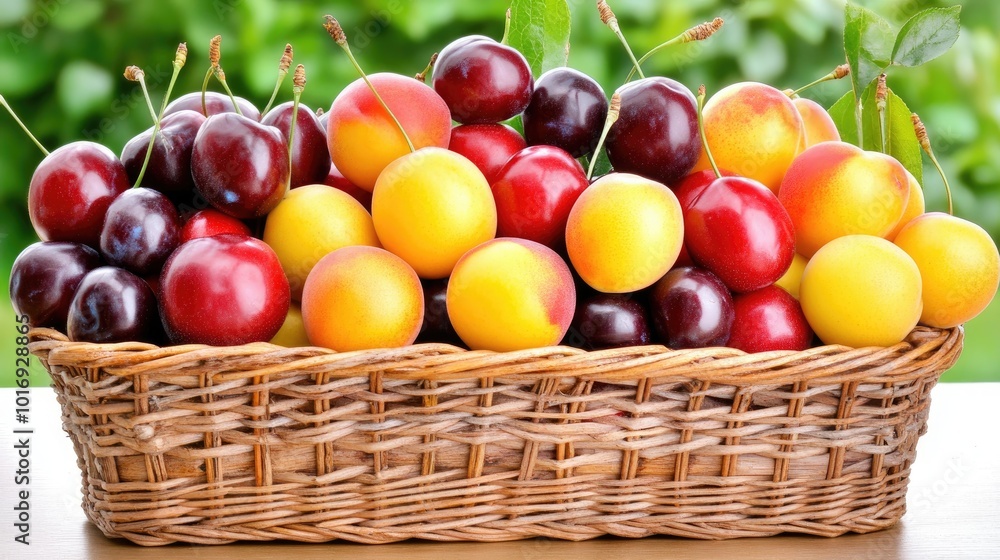 Fresh Plums and Cherries in a Wicker Basket Display Fresh Plums and Cherries in a Wicker Basket Display