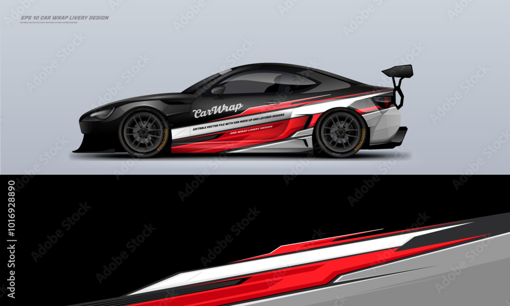 sporty Racing Car wrap livery design with a touch of red, black and white sporty Racing Car wrap livery design with a touch of red, black and white