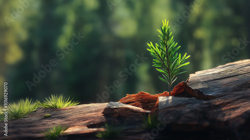 A splintered, old piece of redwood with a natural reddish hue, cracked open as a delicate green sprout pushes through. The wood’s rough, jagged edges highlight the fragility.