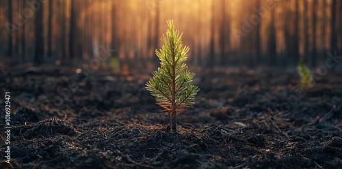 New Pine Sprout Emerging in Burned Forest. AI generated illustration