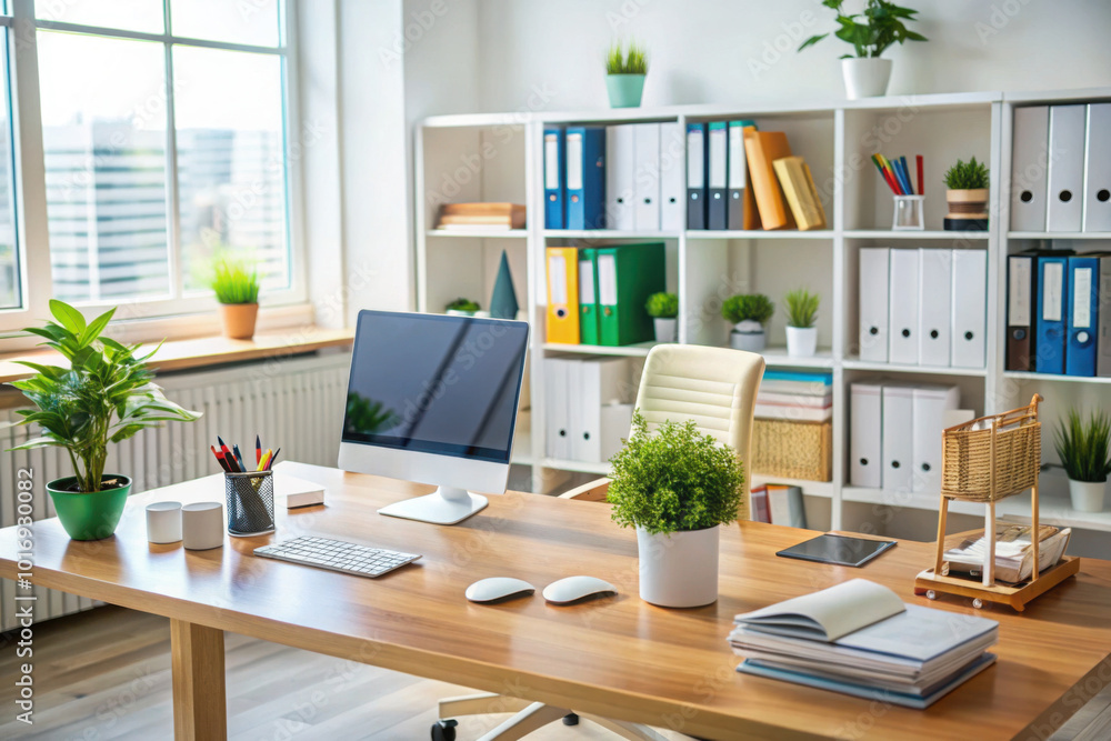 Modern office workspace with desktop computer, potted plants, organized shelves, and large window providing natural light for a bright atmosphere Modern office workspace with desktop computer, potted plants, organized shelves, and large window providing natural light for a bright atmosphere