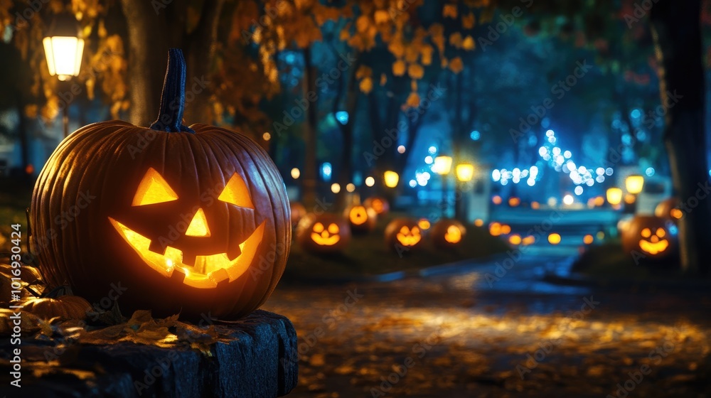 Fototapeta premium Halloween themed decoration in the park with pumpkins and party atmosphere