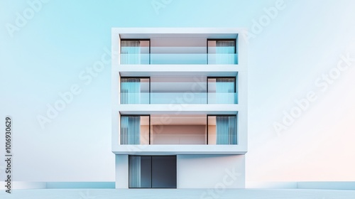 White apartment building with balconies and trees in front.