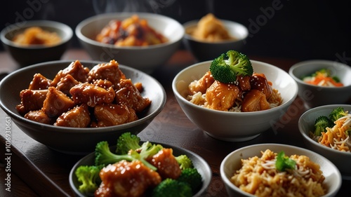 A table with a variety of delicious Chinese food dishes, including orange chicken, steamed rice, and stir-fried vegetables.