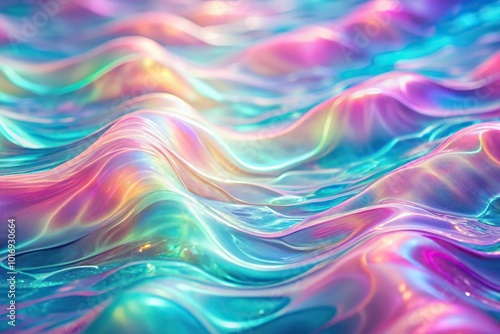 Abstract holographic waves on a pastel rainbow marble background with depth of field