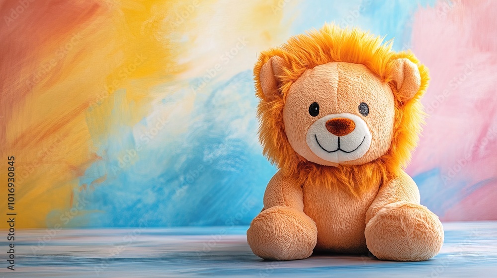 Cute soft toy lion on a colorful background Cute soft toy lion on a colorful background
