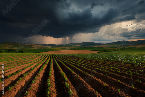 Farmland Under a Stormy Sky with Striking Lightning | Dramatic Weather and Nature’s Power Over Agricultural Fields