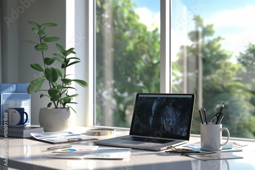 Wallpaper Mural A clean and organized office desk with a laptop, a potted plant, a coffee mug, and a stack of documents, with a large window providing natural light. Torontodigital.ca