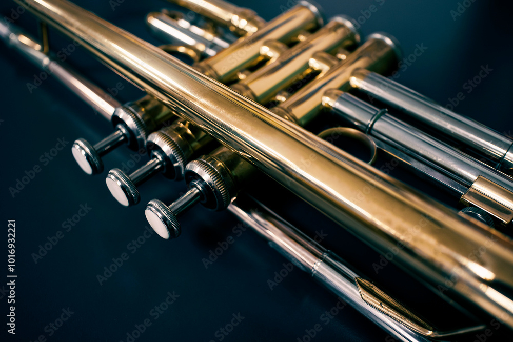 Naklejka premium Close-up of the valve buttons and pistons of a gold trumpet and dark background