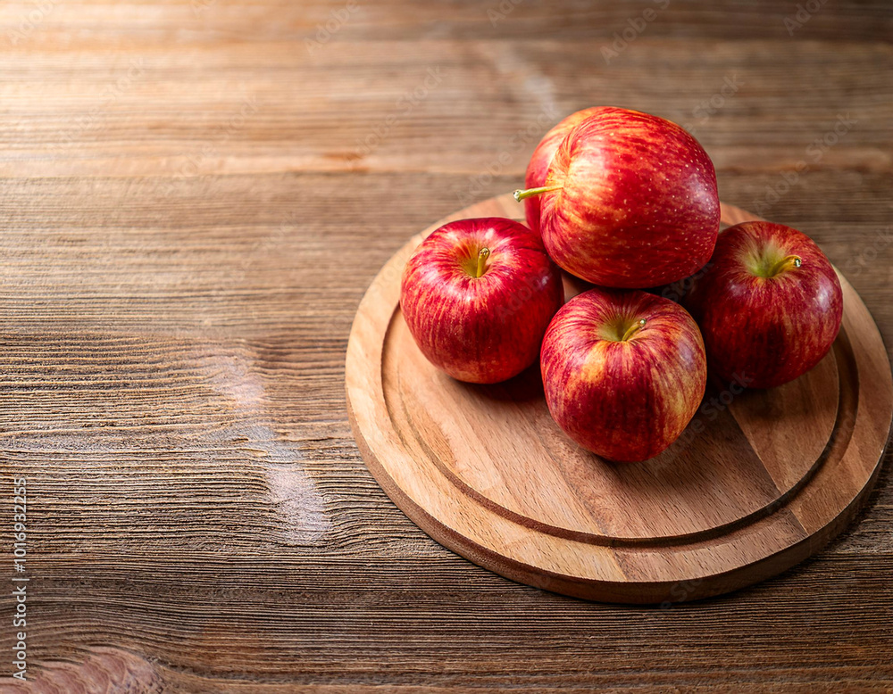 Red apples in wooden cutting board isolated on wooden background Red apples in wooden cutting board isolated on wooden background