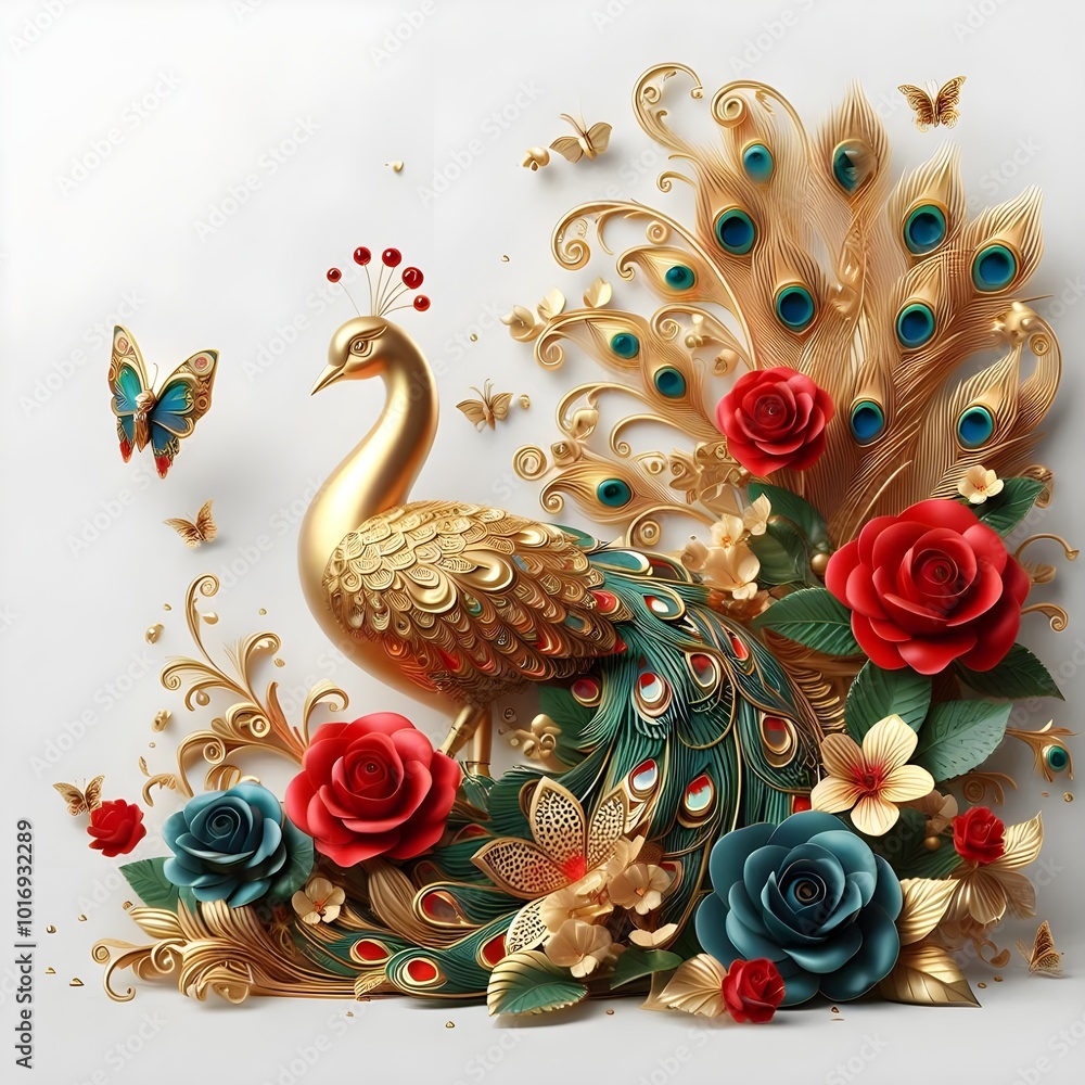 Naklejka premium Flowers and a peacock surround a peacock golden with color roses