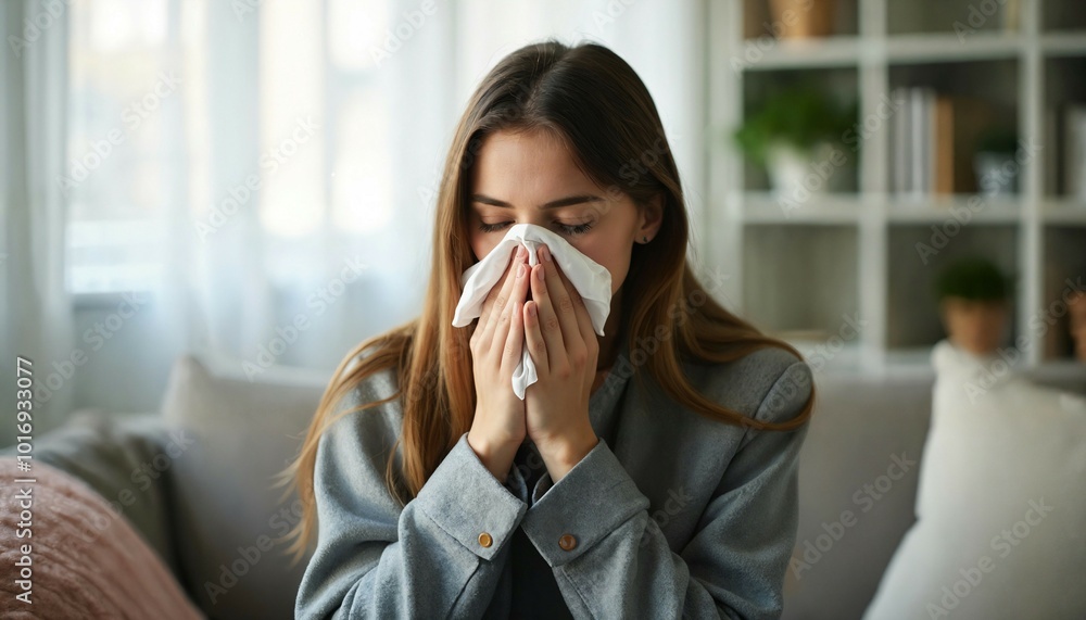 Woman blowing her nose on a tissue. Resting on her living room sofa. Woman blowing her nose on a tissue. Resting on her living room sofa.