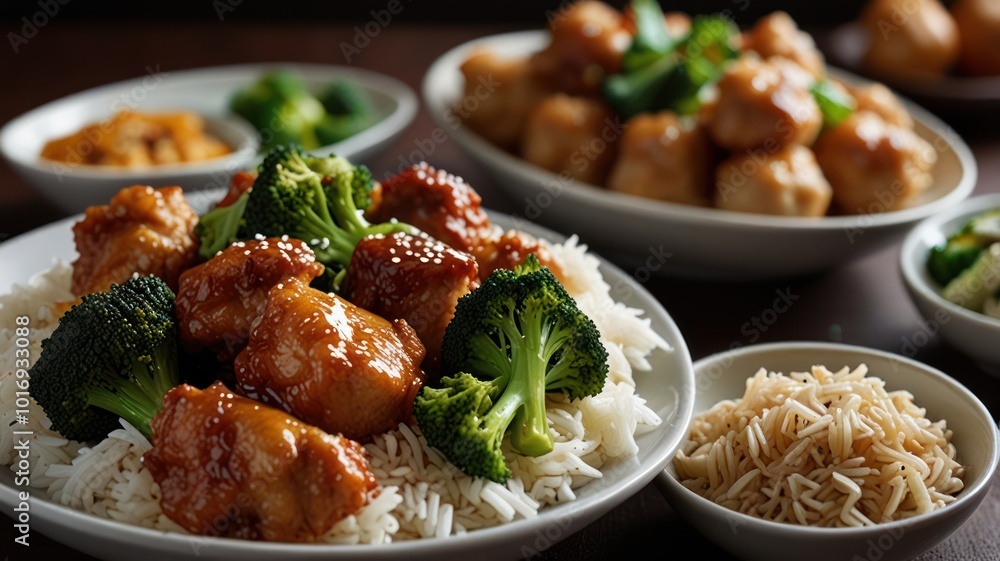 A plate of chicken with white rice and broccoli, next to a bowl of fried rice, a plate of orange chicken, and a bowl of green salad. A plate of chicken with white rice and broccoli, next to a bowl of fried rice, a plate of orange chicken, and a bowl of green salad.