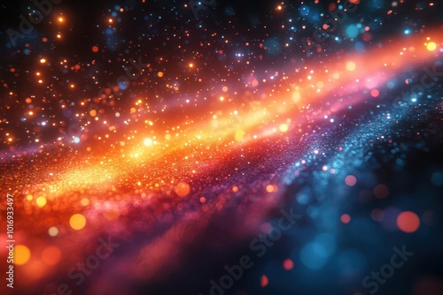 futuristic space scene with vibrant neon light rays creating a dynamic energy effect perfect for a music or metaverse design filled with starlike glowing elements