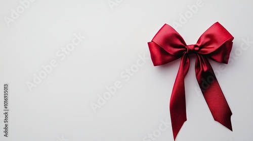 Red satin ribbon with a bow on a white background, top view. 