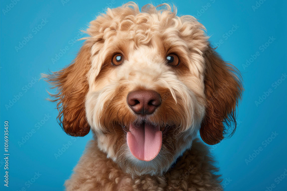 Adorable labradoodle dog with fluffy fur and tongue out, on a vibrant blue backdrop, capturing playful and cheerful expressions. Perfect image for pet lovers and dog enthusiasts. Adorable labradoodle dog with fluffy fur and tongue out, on a vibrant blue backdrop, capturing playful and cheerful expressions. Perfect image for pet lovers and dog enthusiasts.