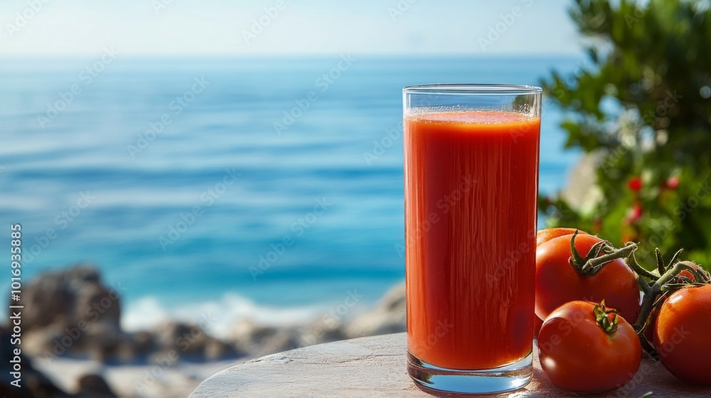 Fresh Tomato Juice by the Seaside in Bright Light Fresh Tomato Juice by the Seaside in Bright Light