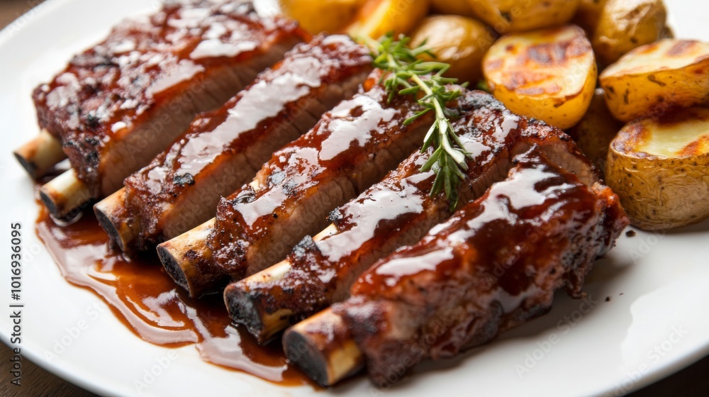 Savory BBQ Ribs with Potatoes and Fresh Herbs Savory BBQ Ribs with Potatoes and Fresh Herbs