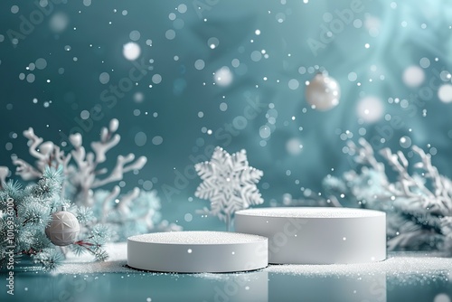 Podium for Cosmetic Product Presentation Show. Abstract Winter Minimal Sphere. Cylinder Two Forms, Shadow. Showcase Display Case Scene Stand. Snow Falling, Blue Backdrop. Christmas, New Year Vibe Mood photo