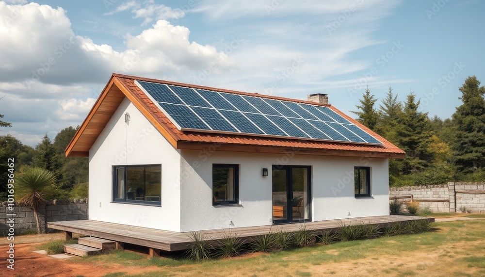 A modern, white house with solar panels on the roof, showcasing a sustainable and eco-friendly design. A modern, white house with solar panels on the roof, showcasing a sustainable and eco-friendly design.